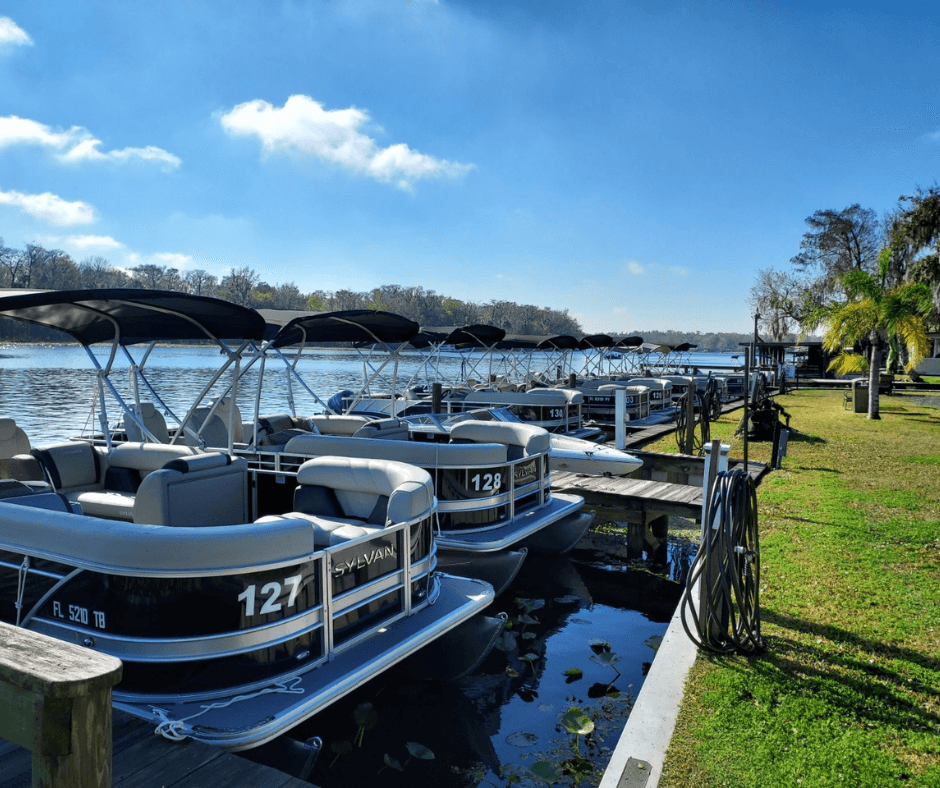 Pontoon boats lined up for a sunny day on the St. Johns River.
