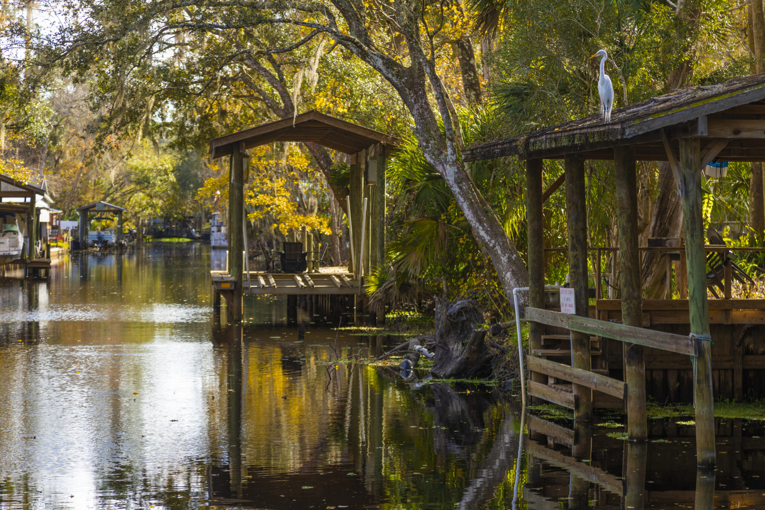 Canal with boat docks, Astor, Lake County, Florida, USA